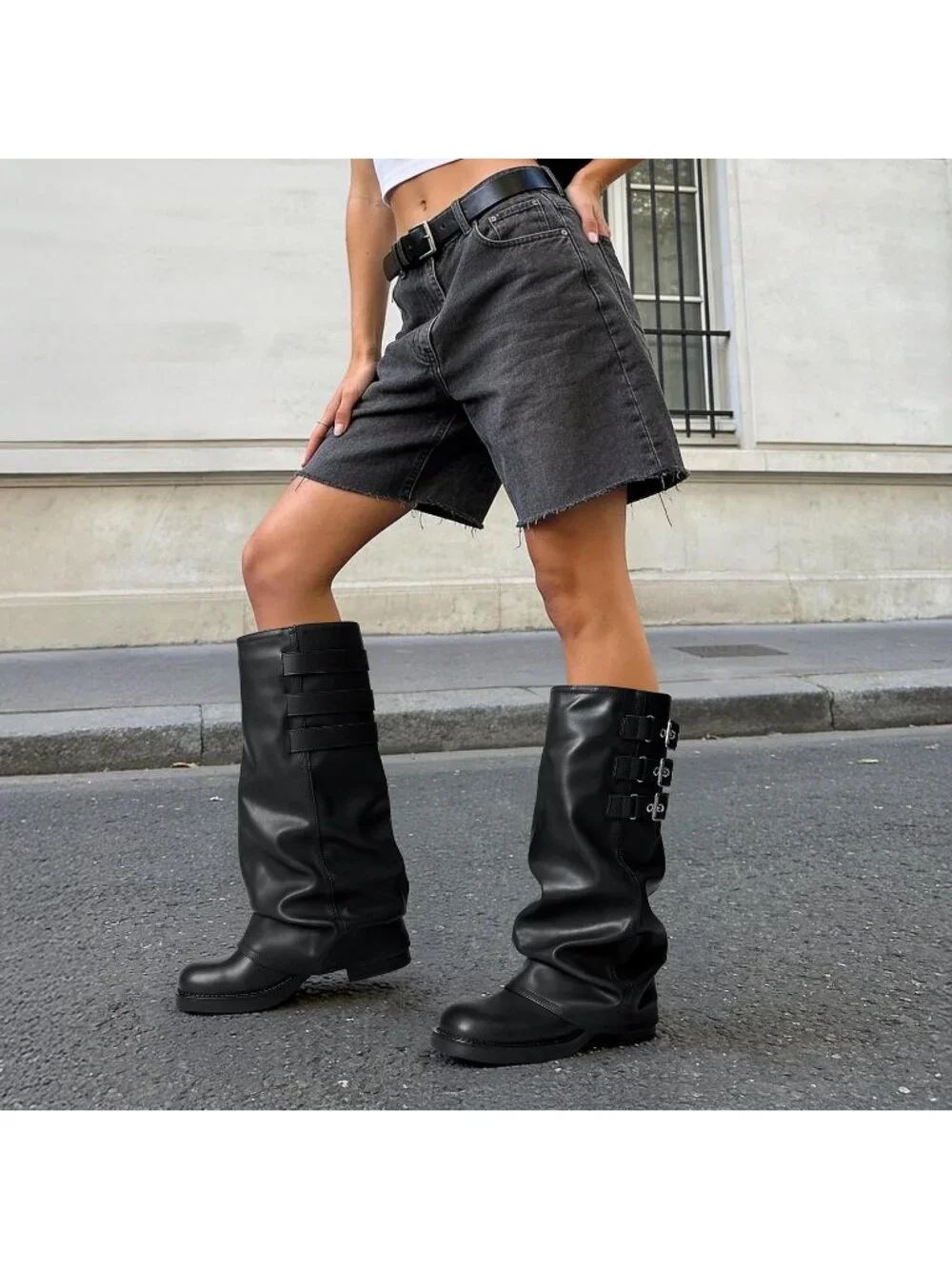 Women's Black Fashion Adjustable Buckle Low Chunky Heel Comfort Slouchy Boots